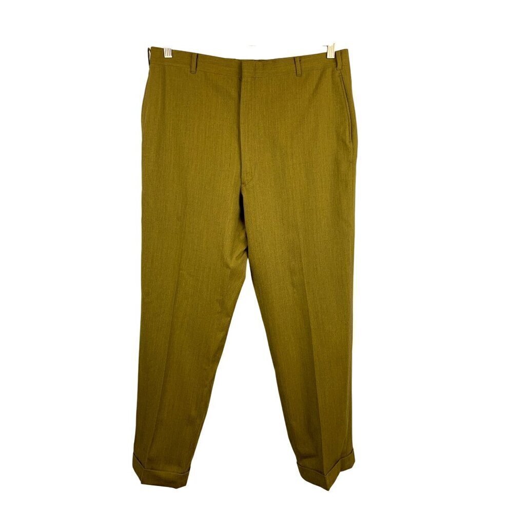 Mens Olive Dress Pants Size 34 Wool Blend Tailored Fit